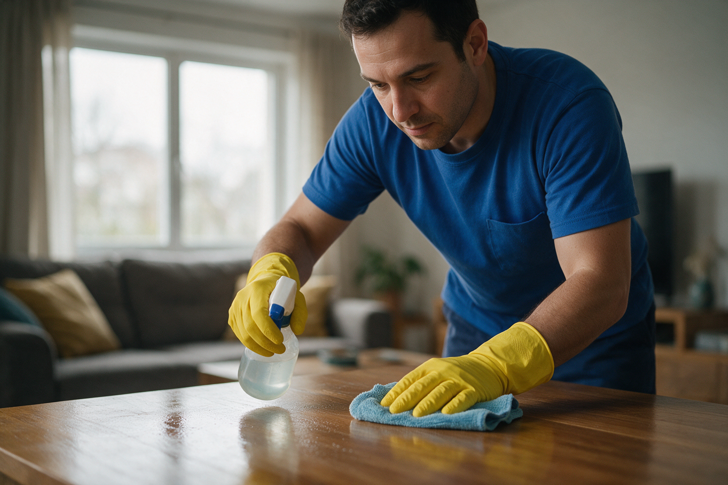 Profissional de empresa de limpeza em Belém limpando mesa de sala residencial com borrifador e microfibra