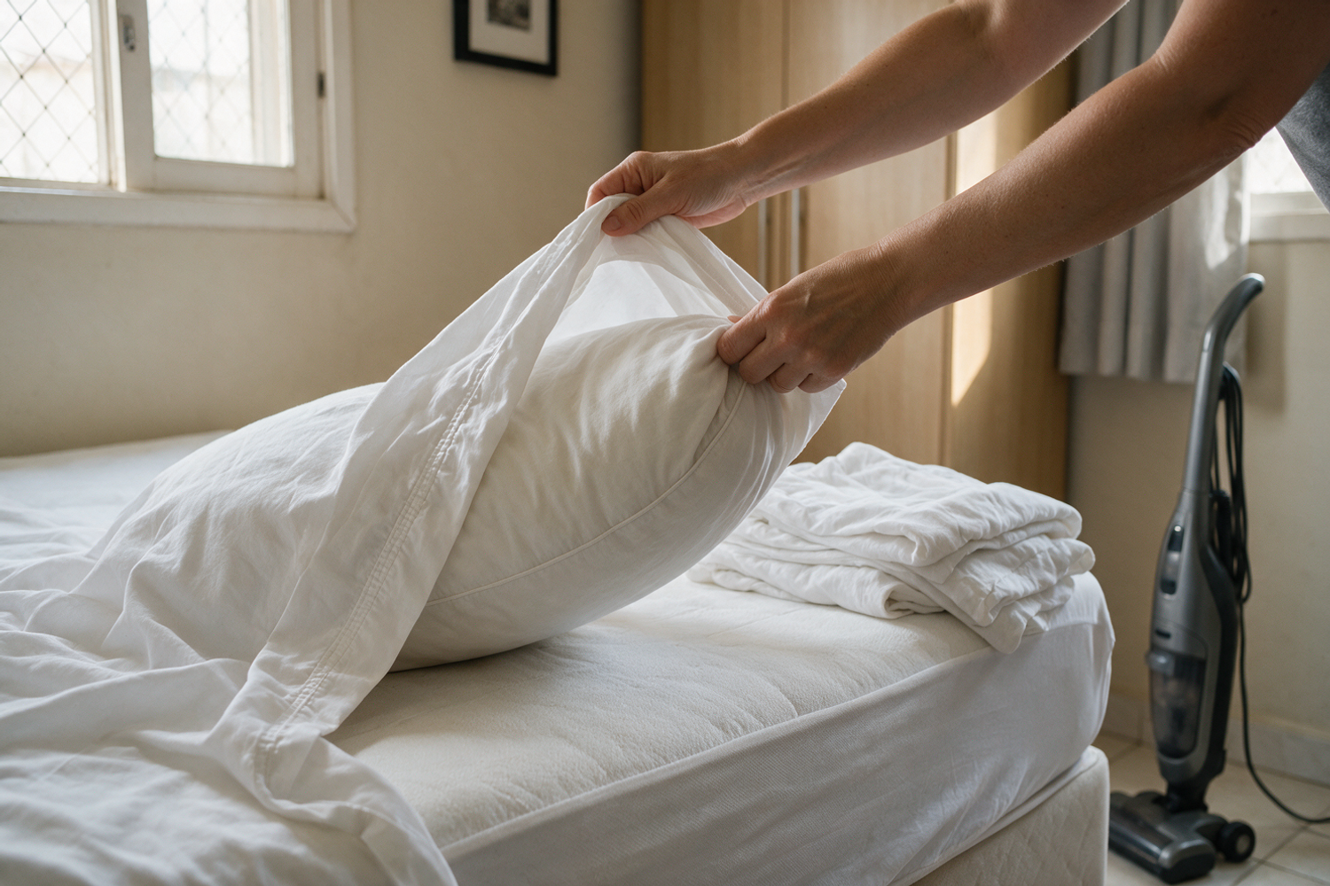 Limpeza de quarto: troca de roupa de cama e proteção do colchão contra ácaros